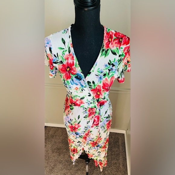 WOMEN’S White Floral V Neck Faux Wrap Midi Dress Size L - Picture 4 of 11
